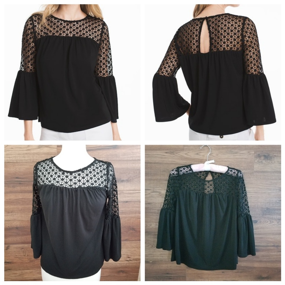 Black Lace 3/4 Bell Sleeves Blouse Size XXS WHBM